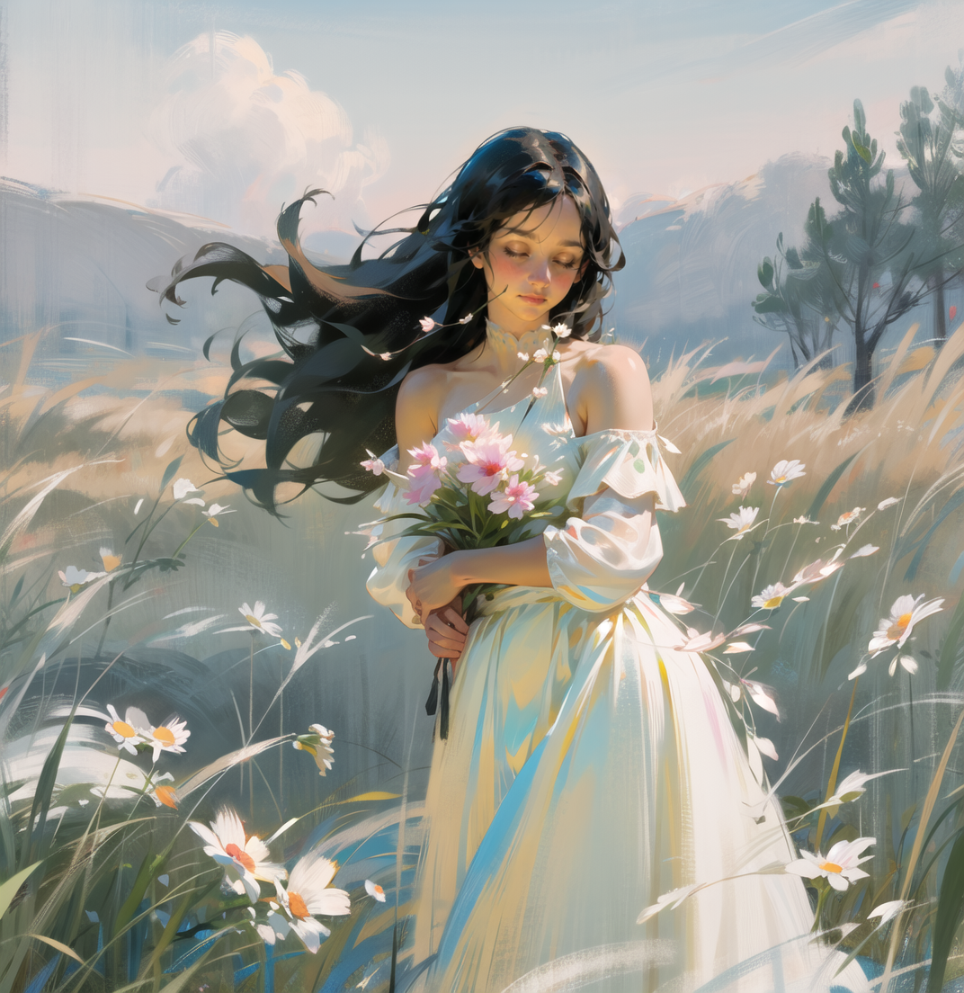01447-606492464-1girl, solo, flower, dress, long hair, closed eyes, black hair, white dress, holding flower, field, holding, outdoors, grass, re.png